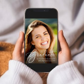 Invitation Élégant script blanc Photo Blue Graduation Party