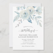 Invitation élégant script bleu foncé fleurs mariage (Devant)