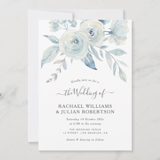 Invitation élégant script bleu foncé fleurs mariage (Devant)