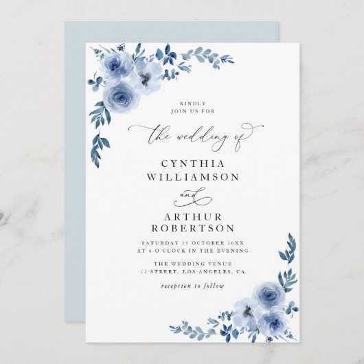 Invitation élégant script bleu foncé mariage (Devant / Derrière)