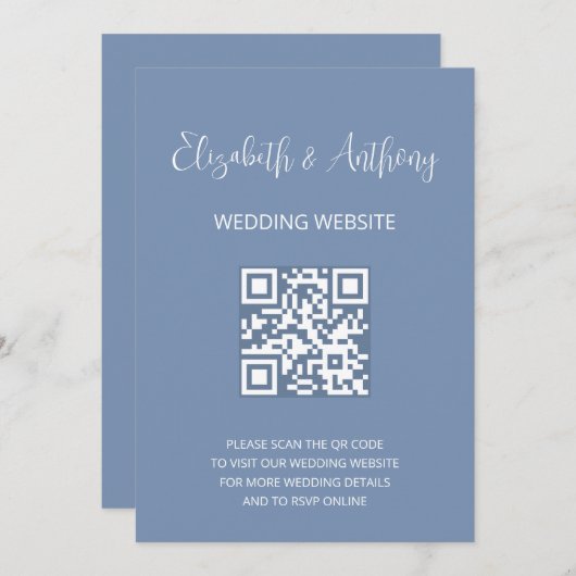 Invitation Élégant script bleu foncé | QR Code Mariage RSVP (Devant / Derrière)