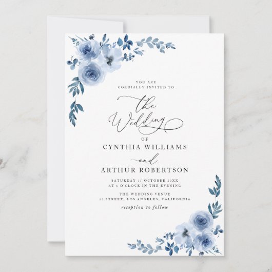 Invitation élégant script bleu mariage floral (Devant)