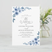 Invitation élégant script bleu mariage floral (Debout devant)