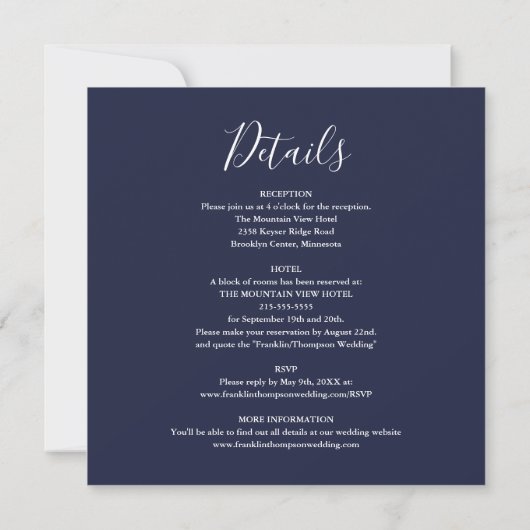 Invitation Élégant Script bleu marine tout en un Mariage (Dos)