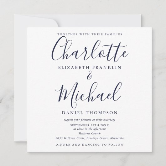 Invitation Élégant Script bleu marine tout en un Mariage (Devant)