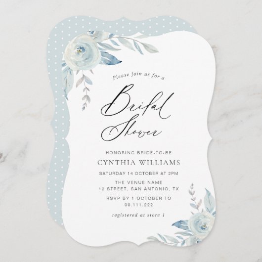 Invitation élégant script bleu poussiéreux douche à nuptiale  (Devant / Derrière)