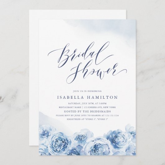 Invitation Élégant script bleu poussiéreux douche nuptiale fl (Devant / Derrière)