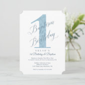 Invitation Élégant Script Blue Baby's 1st Birthday & Baptism (Debout devant)