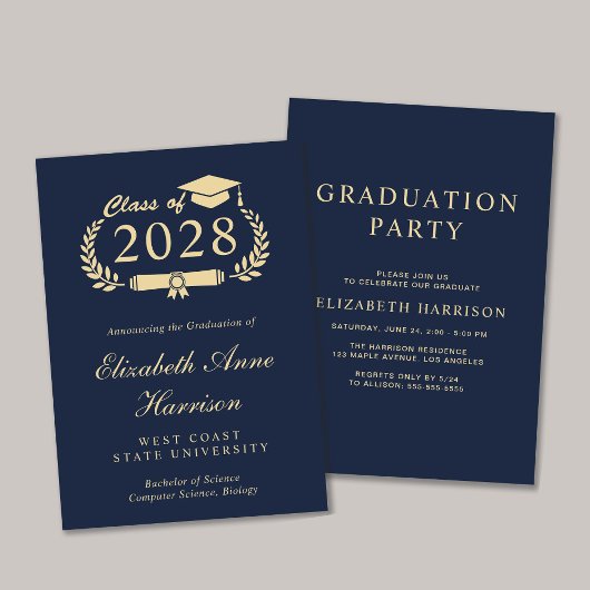 Invitation Élégant Script Blue College Graduation Party