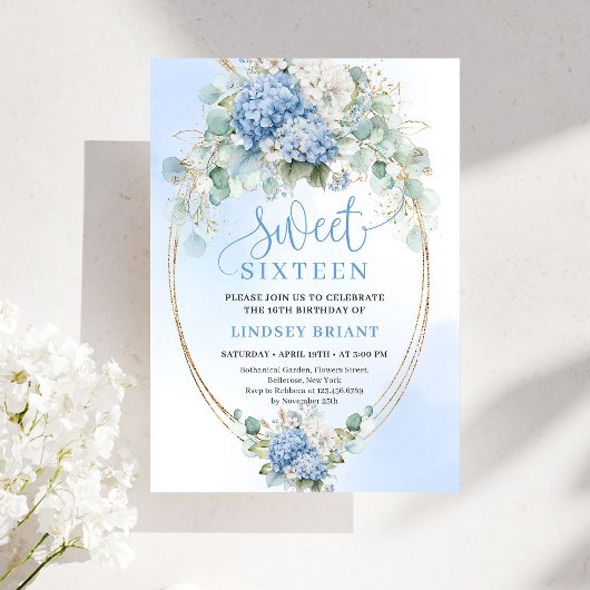 Invitation Elegant Script Blue Hydrangea Gold Sweet Sixteen