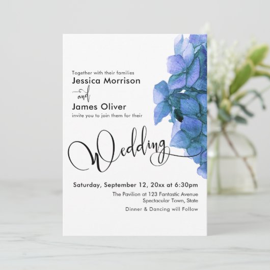 Invitation Élégant Script Blue Watercolor Hydrangea Mariage (Debout devant)