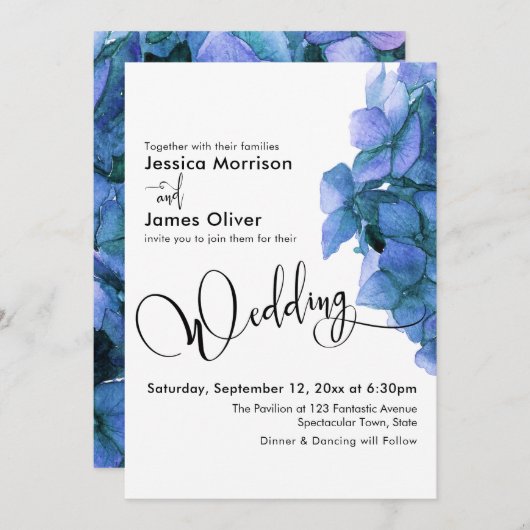 Invitation Élégant Script Blue Watercolor Hydrangea Mariage (Devant / Derrière)