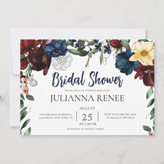 Invitation Élégant Script Blush Navy Floral Bridal douche (Devant)