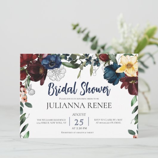 Invitation Élégant Script Blush Navy Floral Bridal douche (Debout devant)