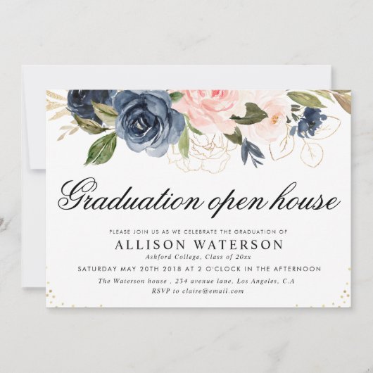Invitation Elégant script blush & navy graduation open house (Devant)