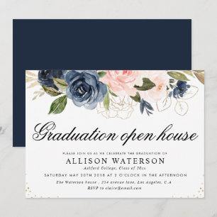 Invitation Elégant script blush & navy graduation open house