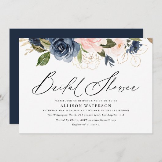 Invitation Élégant script blush & navy nuptiale douche (Devant / Derrière)