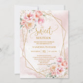 Invitation Élégant Script Blush Pink Gold Flowers Sweet 16 (Devant)