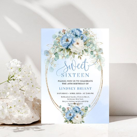 Invitation Elegant Script Boho Dusty Blue Peony Sweet Sixteen