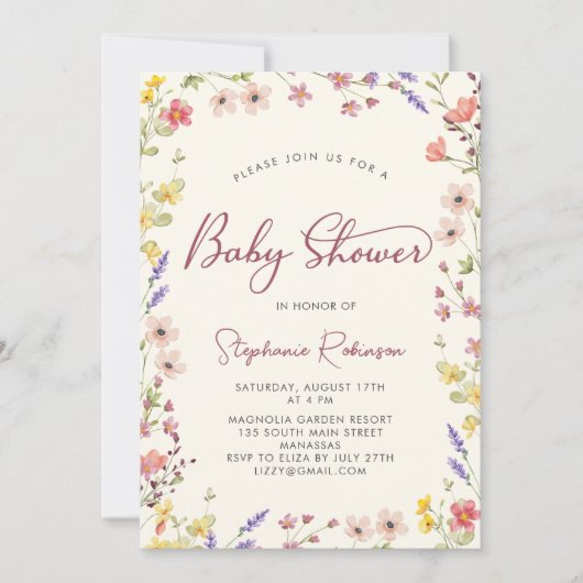 Invitation Élégant Script Boho Fleur sauvage Baby shower fill (Devant)