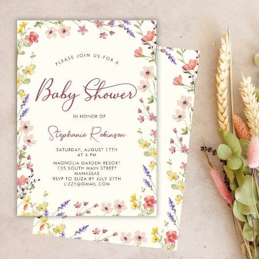 Invitation Élégant Script Boho Fleur sauvage Baby shower fill