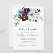 Invitation élégant script bordeaux dusté bleu mariage (Devant)