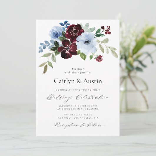 Invitation élégant script bordeaux dusté bleu mariage (Debout devant)