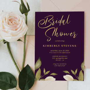 Invitation Élégant script botanique or violet douche nuptiale