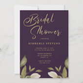 Invitation Élégant script botanique or violet douche nuptiale (Devant)