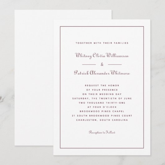 Invitation Élégant Script Bourgogne classique Mariage formel (Devant / Derrière)