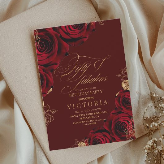 Invitation Élégant Script Bourgogne Rose Dorée 50e Anniversai