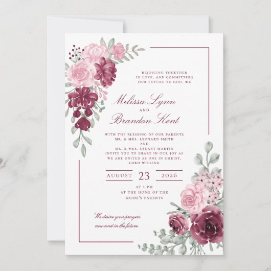 Invitation Elegant Script Burgundy Floral Watercolor Wedding (Devant)