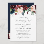 Invitation Élégant script burgundy & Navy mariage floral bleu (Devant / Derrière)