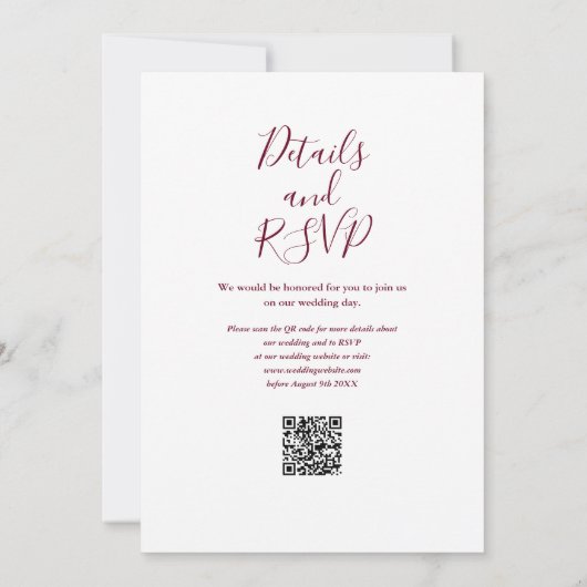 Invitation Élégant Script Burgundy Vin QR Code Mariage (Dos)