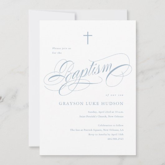 Invitation Élégant Script Calligraphie Dusty Blue Boys Baptêm (Devant)