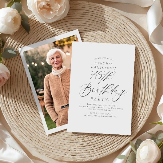 Invitation Elegant Script Calligraphy 75th Birthday Photo 