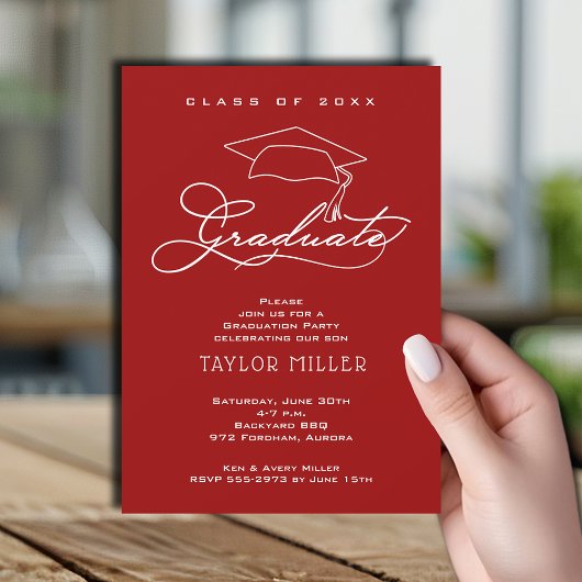 Invitation Élégant Script Cardinal Red Graduation