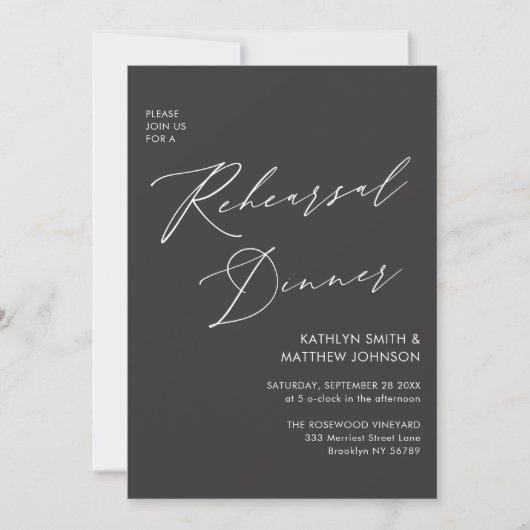 Invitation Élégant Script Chic Grey Rehearsal Diner Code QR (Devant)