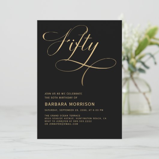 Invitation Élégant Script Cinquante Black Gold 50e anniversai (Debout devant)