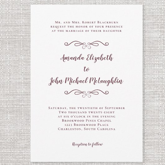 Invitation Élégant Script Classic Mariage Bourgogne Blanc Chi