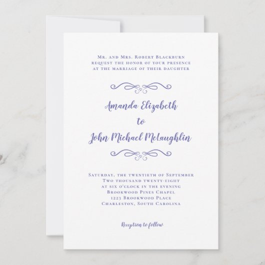 Invitation Élégant Script Classic Mariage Périwinkle Bleu (Devant)
