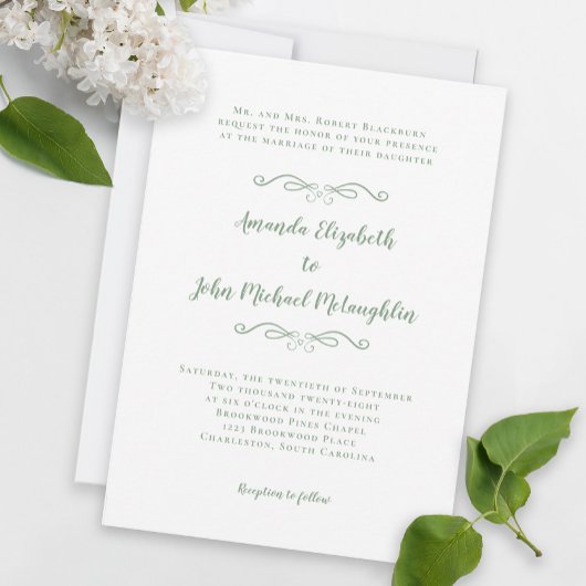 Invitation Elegant Script Classic Wedding Sage Green White In