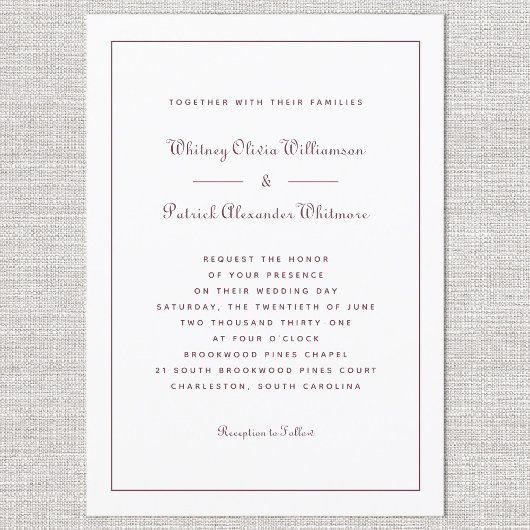 Invitation Élégant Script Classique Bourgogne Mariage formel