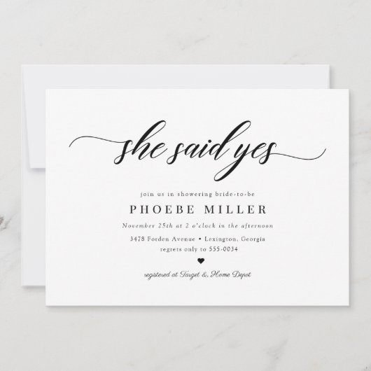 Invitation Élégant Script Classique Elle A Dit Oui Fête des m (Devant)