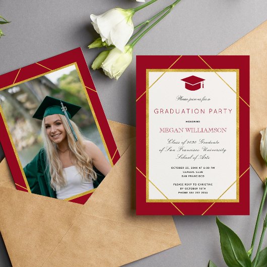 Invitation Élégant script classique or rouge fête de graduati