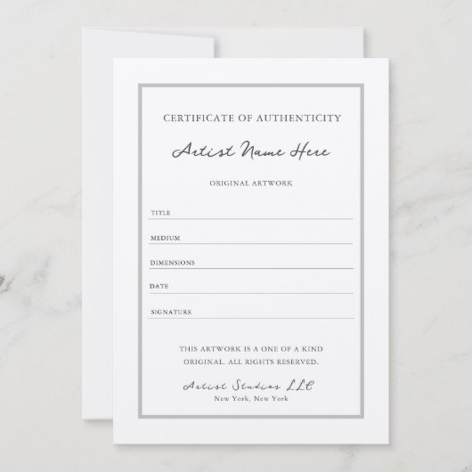 Invitation Élégant Script Classy Certificat d'authenticité (Devant)