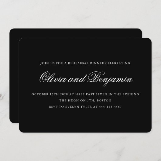 Invitation Élégant Script Classy Chic Black Rehearsal Dîner (Devant / Derrière)