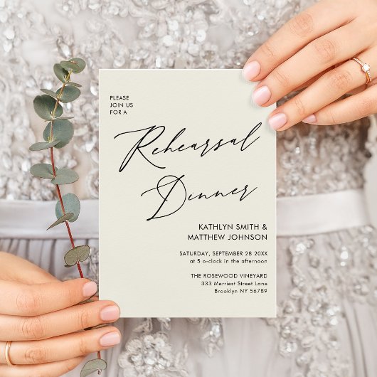 Invitation Élégant Script Cream Rehearsal Dinner Code QR