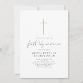 Invitation Élégant Script Croix d'or première communion saint (Devant)