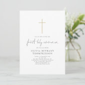 Invitation Élégant Script Croix d'or première communion saint (Debout devant)